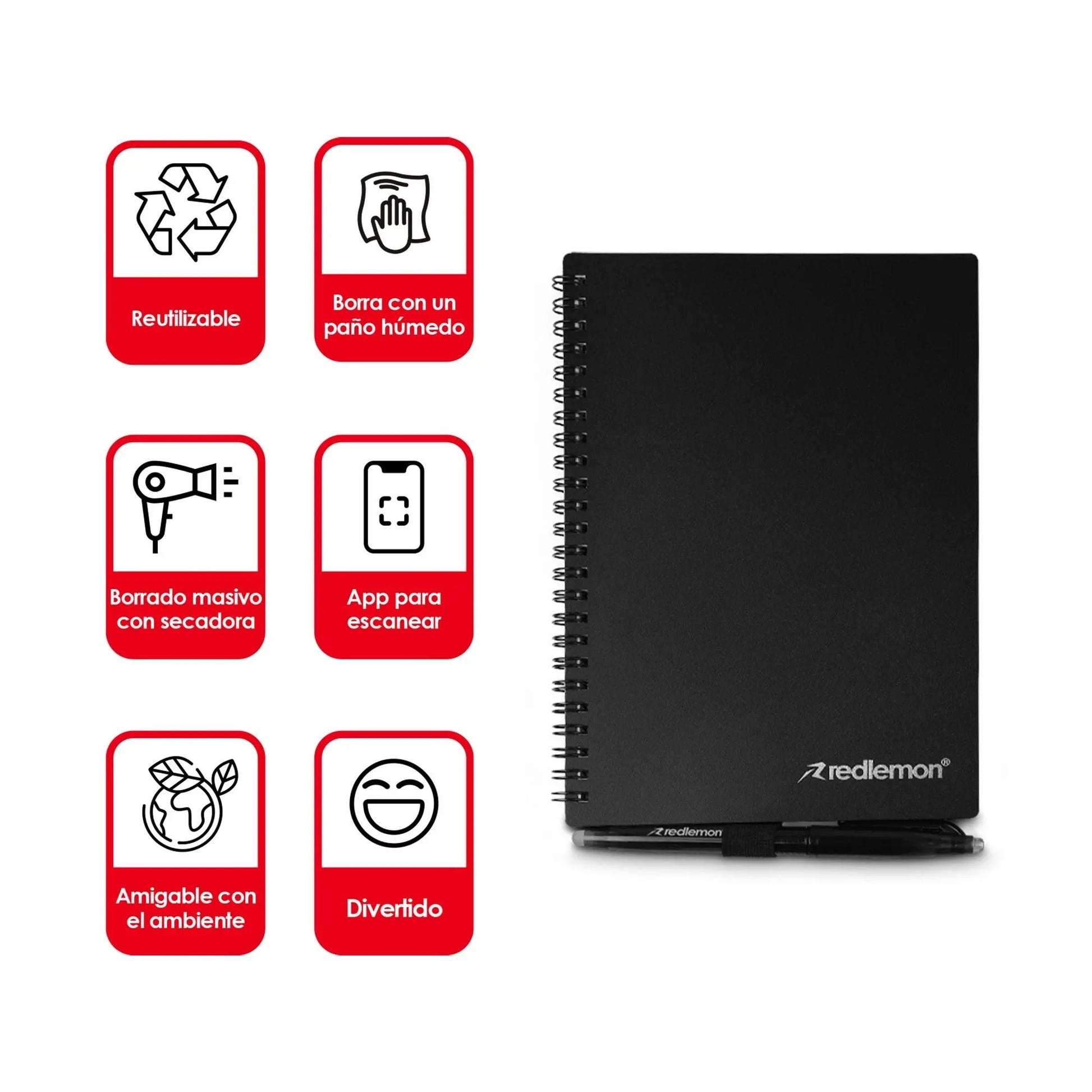 Libreta Inteligente Reutilizable de 50 hojas con 3 plumas Color negro - Redlemon