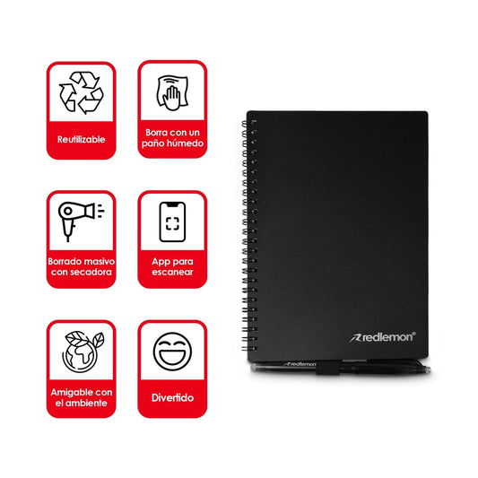 Libreta Inteligente Reutilizable de 50 hojas con 3 plumas Color negro - Redlemon