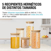 Recipientes Herméticos de Vidrio con Tapa de Bambú 5 Piezas - Redlemon