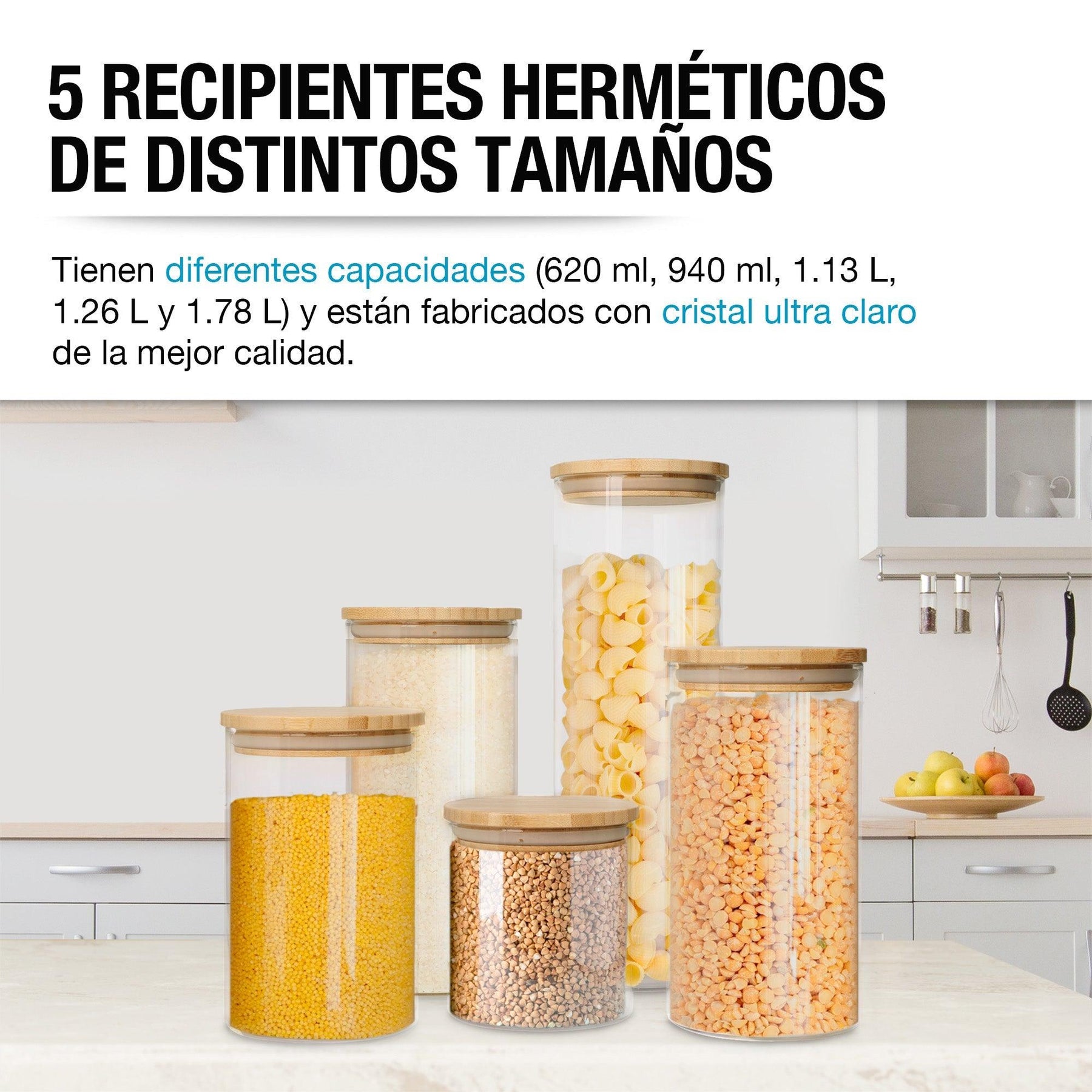 Recipientes Herméticos de Vidrio con Tapa de Bambú 5 Piezas - Redlemon