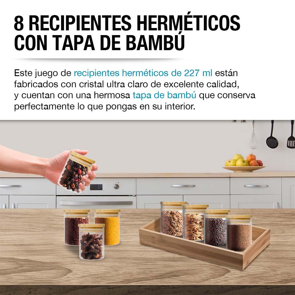 Recipientes Herméticos de Vidrio con Tapa de Bambú 8 Piezas Chicas - Redlemon