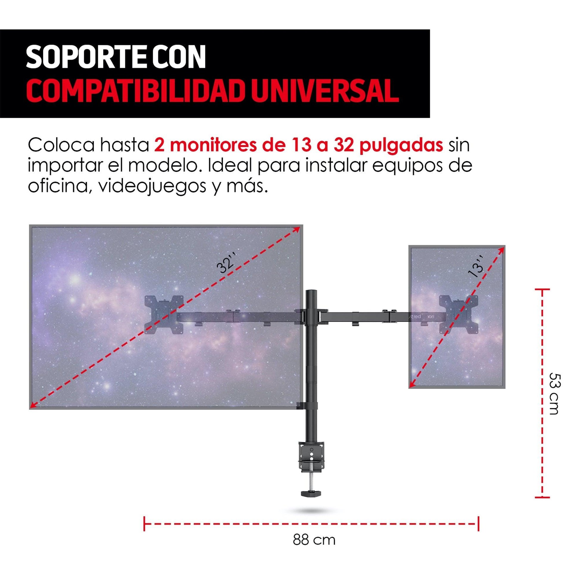 Soporte para 2 Monitores de 13” a 32” con Base para Escritorio - Redlemon