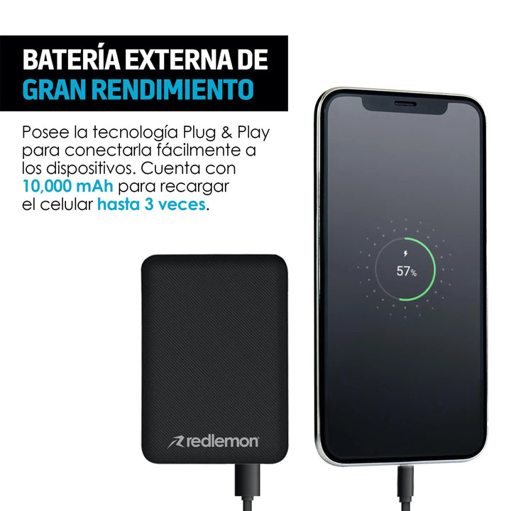 Power Bank 10,000 Mah Ultra Slim Carga Rápida 2 USB - Redlemon
