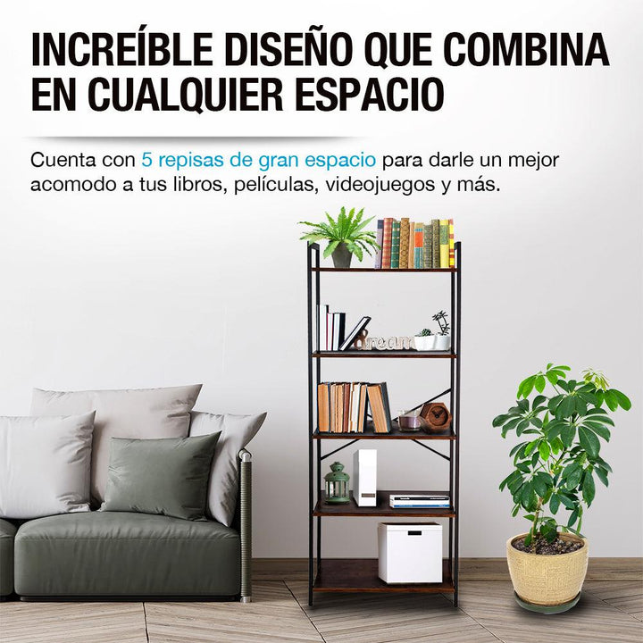 Librero Organizador Minimalista de Madera y Acero Inoxidable 5 Niveles Casa Litus - Redlemon