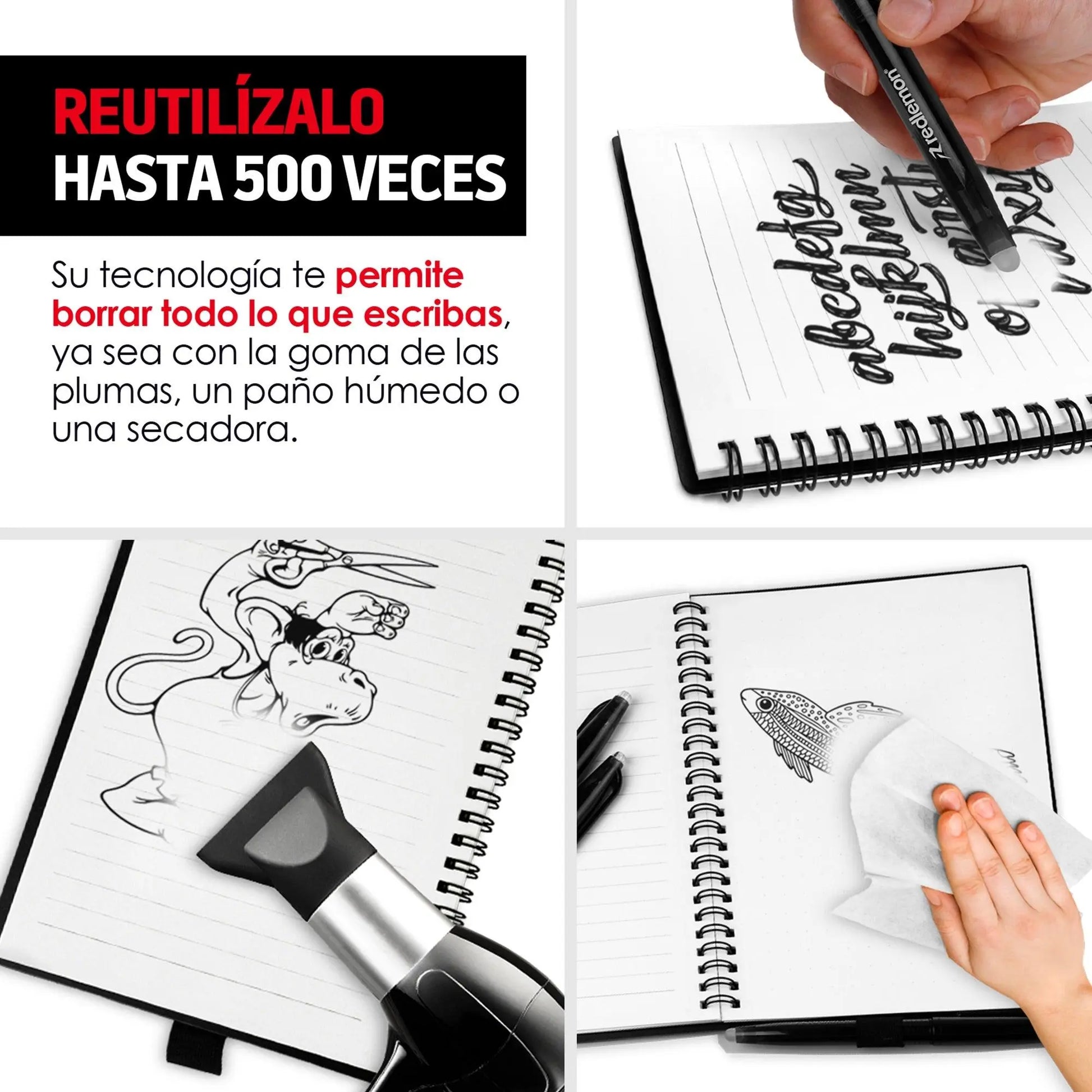 Libreta Inteligente Reutilizable de 50 hojas con 3 plumas Color negro - Redlemon