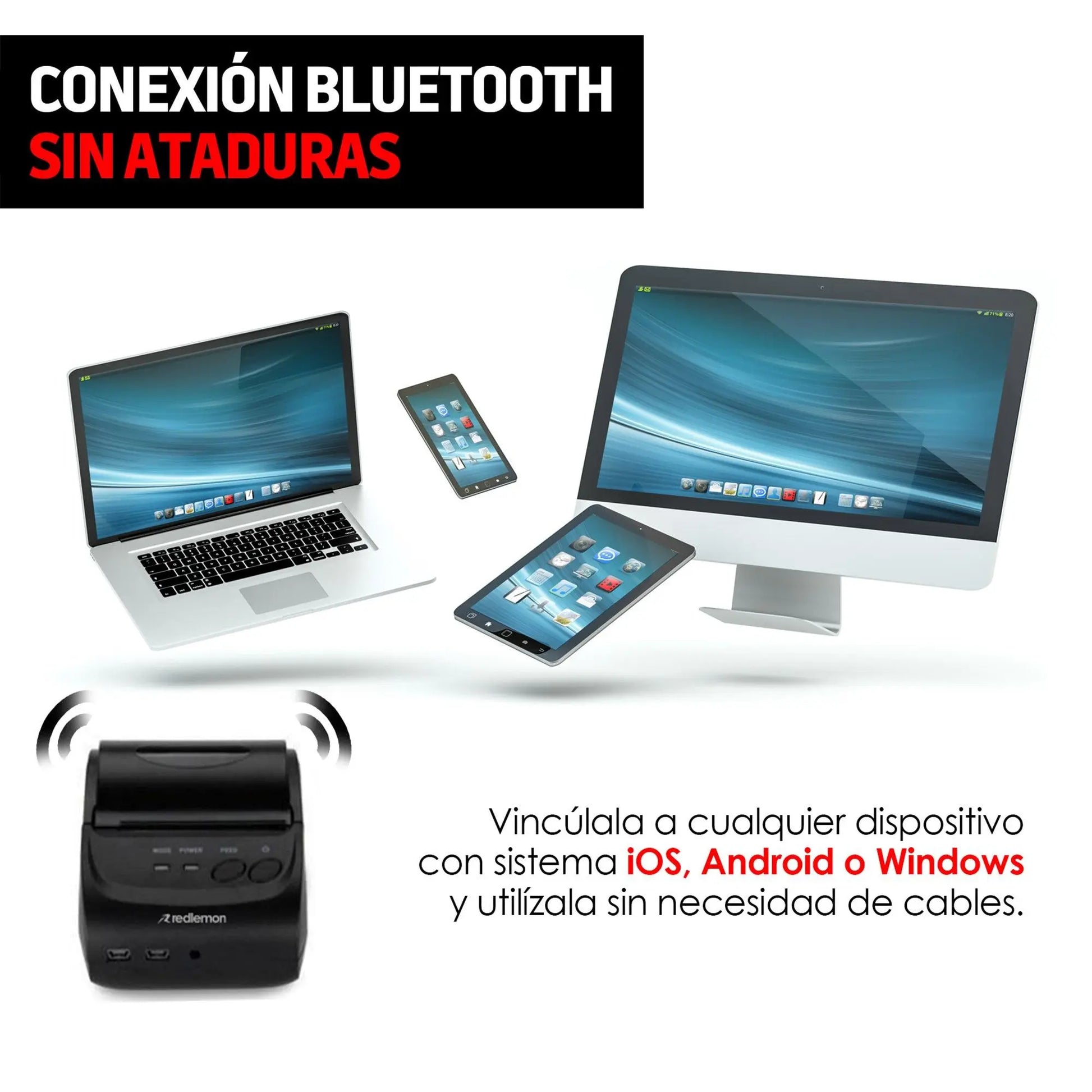 Mini Impresora Térmica Portátil Bluetooth, Inalámbrica, Para Tickets y Recibos POS PDV, 58mm - Redlemon