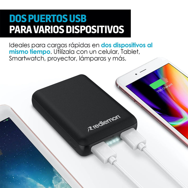 Power Bank 10,000 Mah Ultra Slim Carga Rápida 2 USB - Redlemon