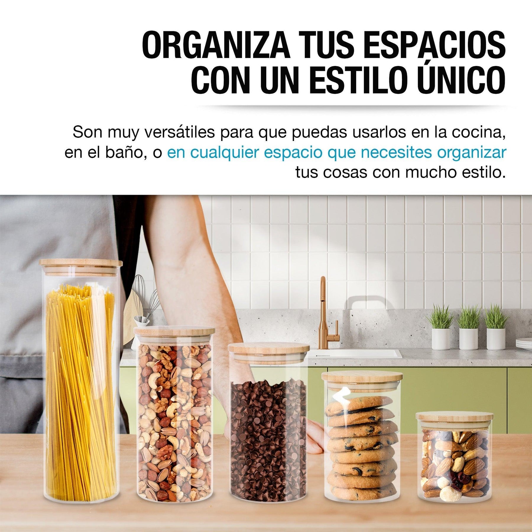 Recipientes Herméticos de Vidrio con Tapa de Bambú 5 Piezas - Redlemon
