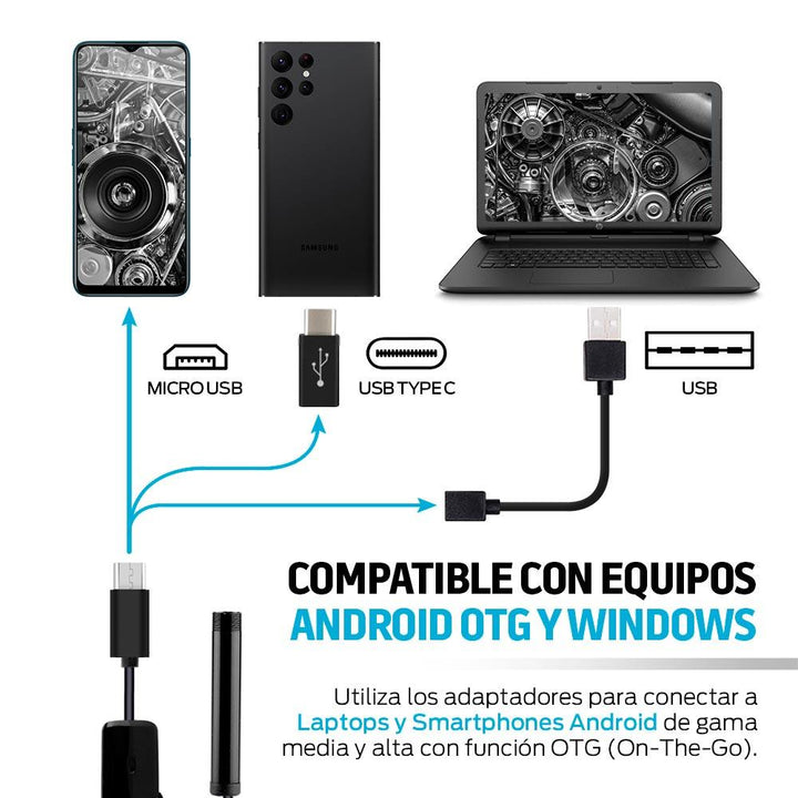 Cámara Endoscopio para Celular USB, USB-C y Micro USB (1m) - Redlemon
