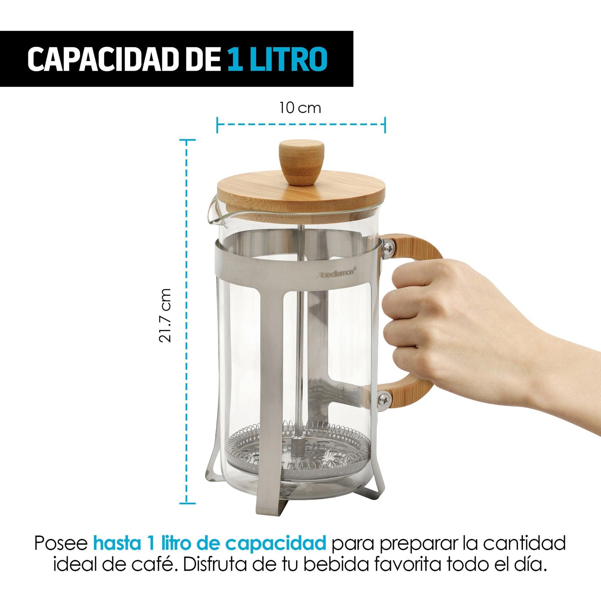 Cafetera Prensa Francesa de Bambú para Café (1 Litro) - Redlemon