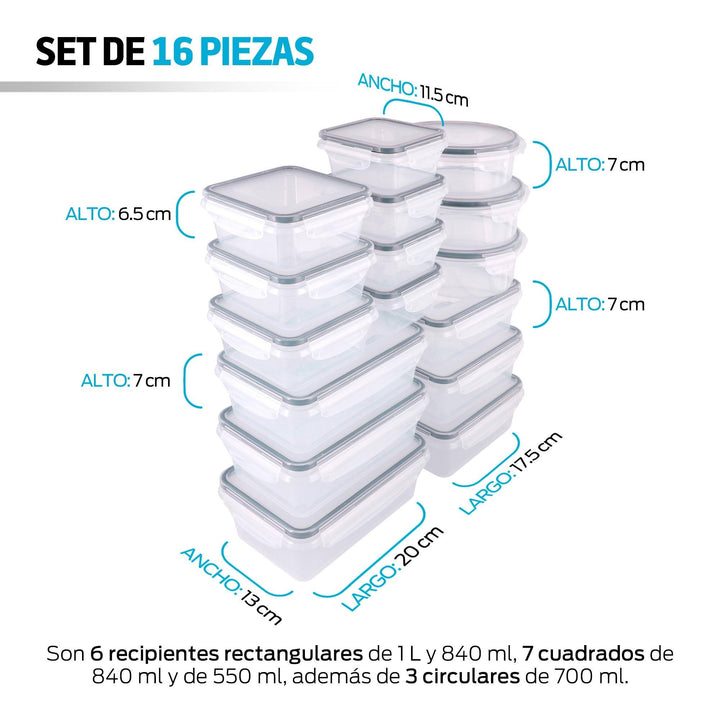 Contenedores para Alimentos Reutilizables de Plástico 16 Pz con Tapa - Redlemon
