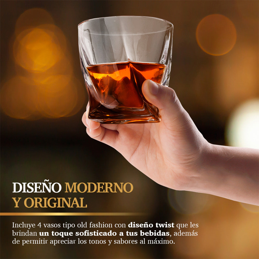 Decantador de Cristal Twist con Vasos Old Fashion para Whiskey Redlemon Technology México