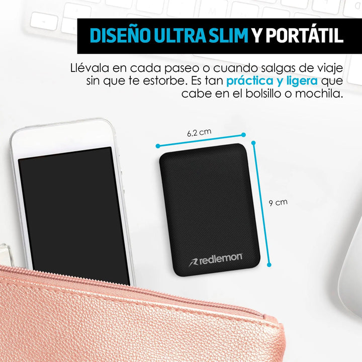 Power Bank 10,000 Mah Ultra Slim Carga Rápida 2 USB - Redlemon