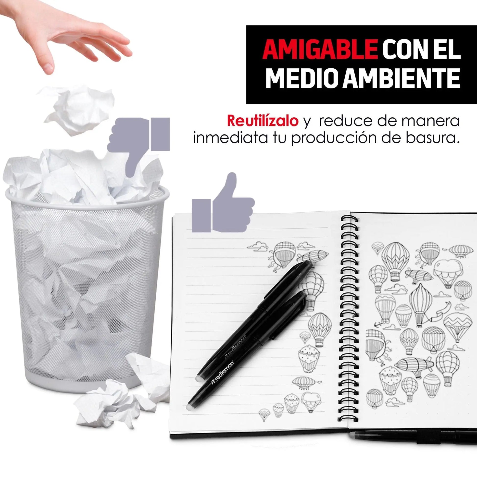 Libreta Inteligente Reutilizable de 50 hojas con 3 plumas Color negro - Redlemon