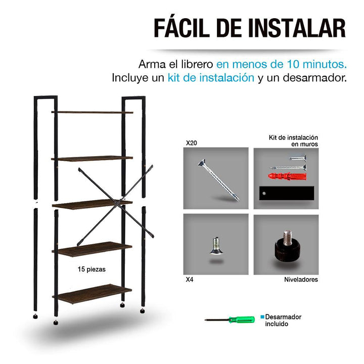 Librero Organizador Minimalista de Madera y Acero Inoxidable 5 Niveles Casa Litus - Redlemon