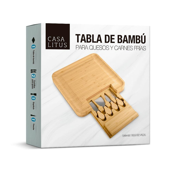 Tabla para Quesos y Carnes Frías de Bambú con Accesorios - Redlemon