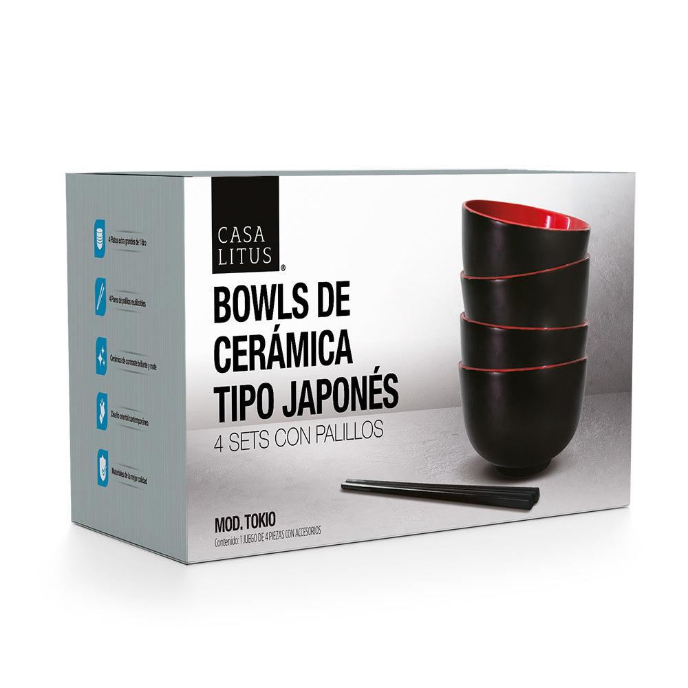 4 Platos Hondos de Cerámica para Ramen Extra Grandes con Palillos Casa Litus - Redlemon