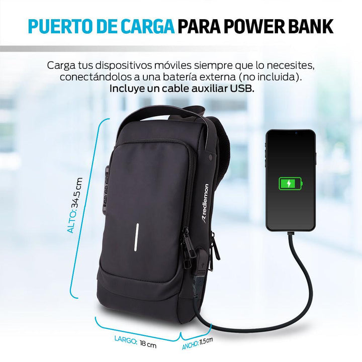 Mochila Antirrobo Mini Impermeable Crossbody con Puerto USB - Redlemon