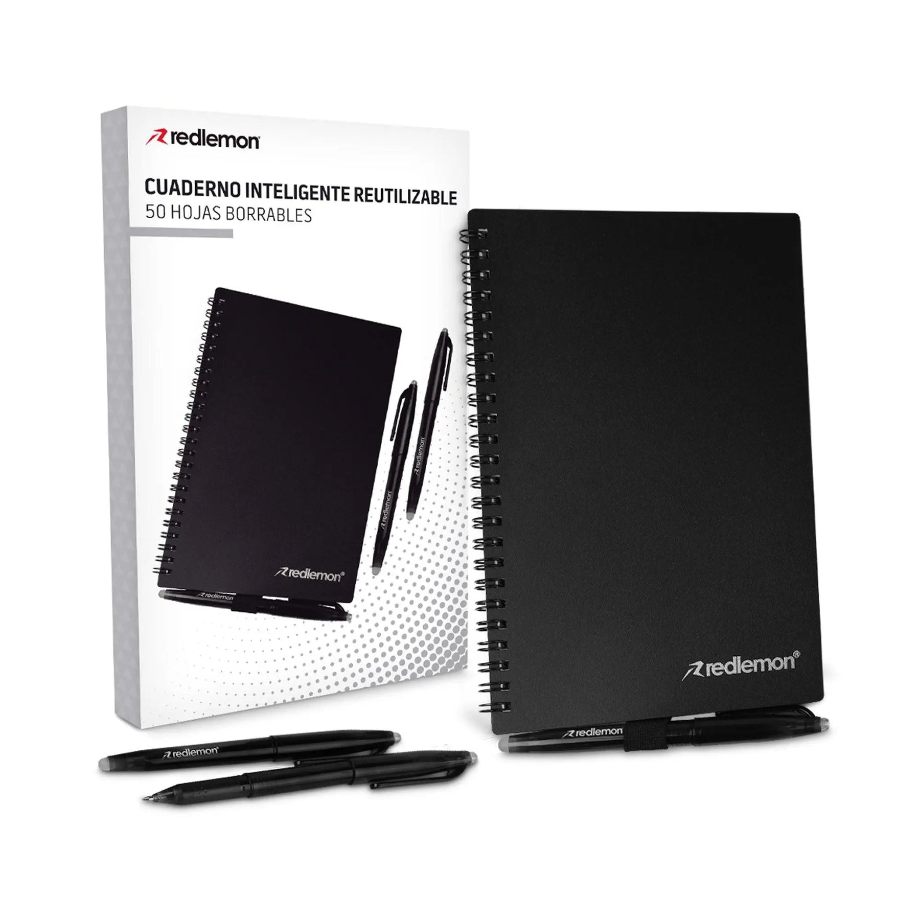Libreta Inteligente Reutilizable de 50 hojas con 3 plumas Color negro - Redlemon