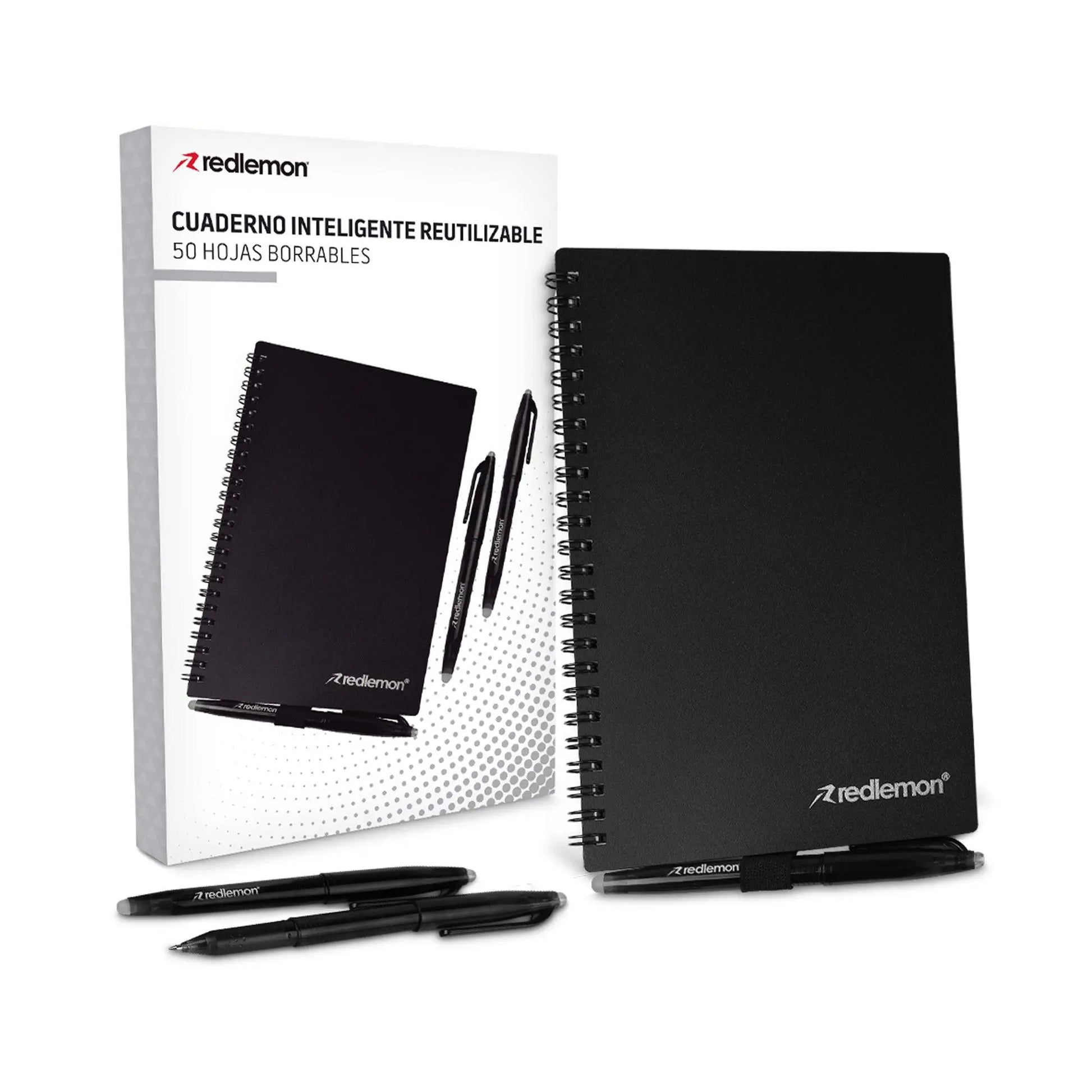Libreta Inteligente Reutilizable de 50 hojas con 3 plumas Color negro - Redlemon