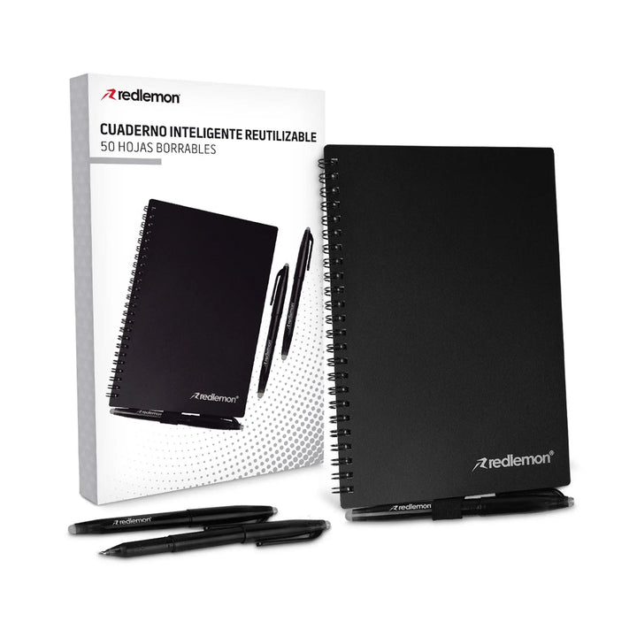 Libreta Inteligente Reutilizable de 50 hojas con 3 plumas Color negro - Redlemon