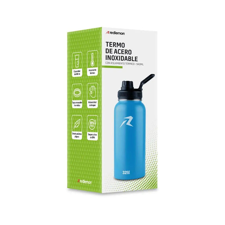 Termo de Acero Inoxidable con Aislamiento Térmico para Agua Fría o Caliente Capacidad 940 ml (32 Oz) - Redlemon