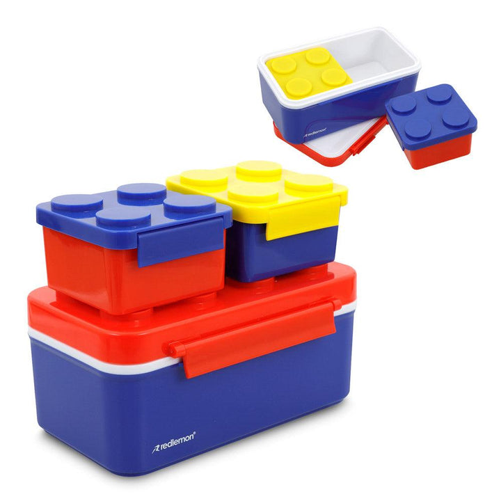 Lonchera para Niños con 3 Contenedores Apilables en Forma de Ladrillos de Construcción - Redlemon