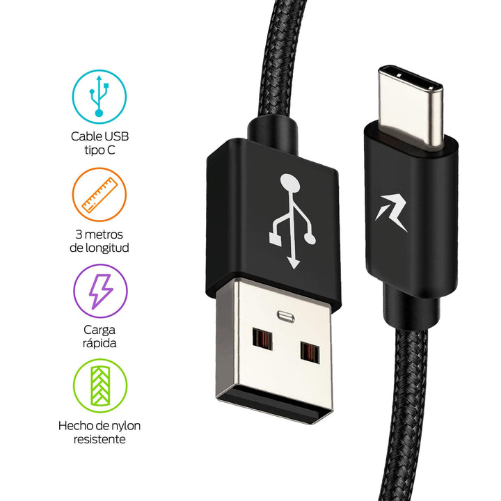 Cable USB Tipo C de 3 Metros de Nylon Resistente Largo - Redlemon