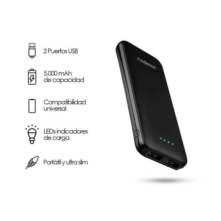 Power Bank 5000mah Batería Portátil Ultra Slim 2 Puertos USB - Redlemon