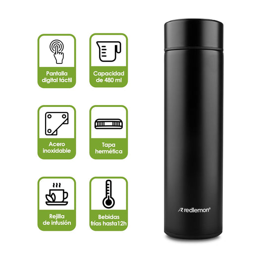 Termo Digital Inteligente de Acero Inoxidable con Termómetro de 480 ml - Redlemon