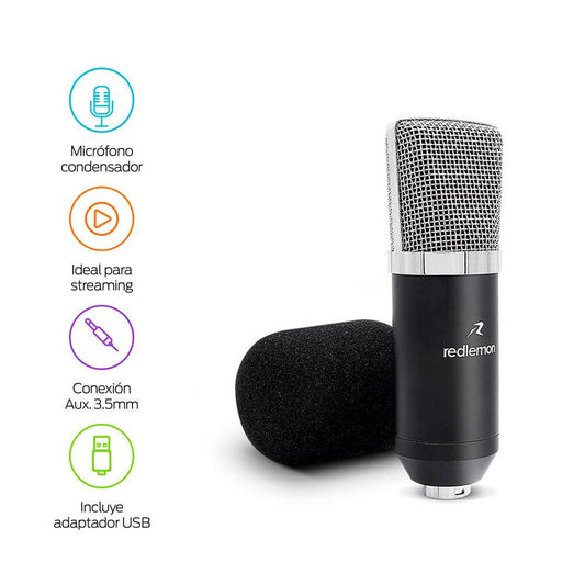 Micrófono Condensador Profesional para Estudio, AUX 3.5mm a XLR, Incluye Adaptador USB y Accesorios - Redlemon
