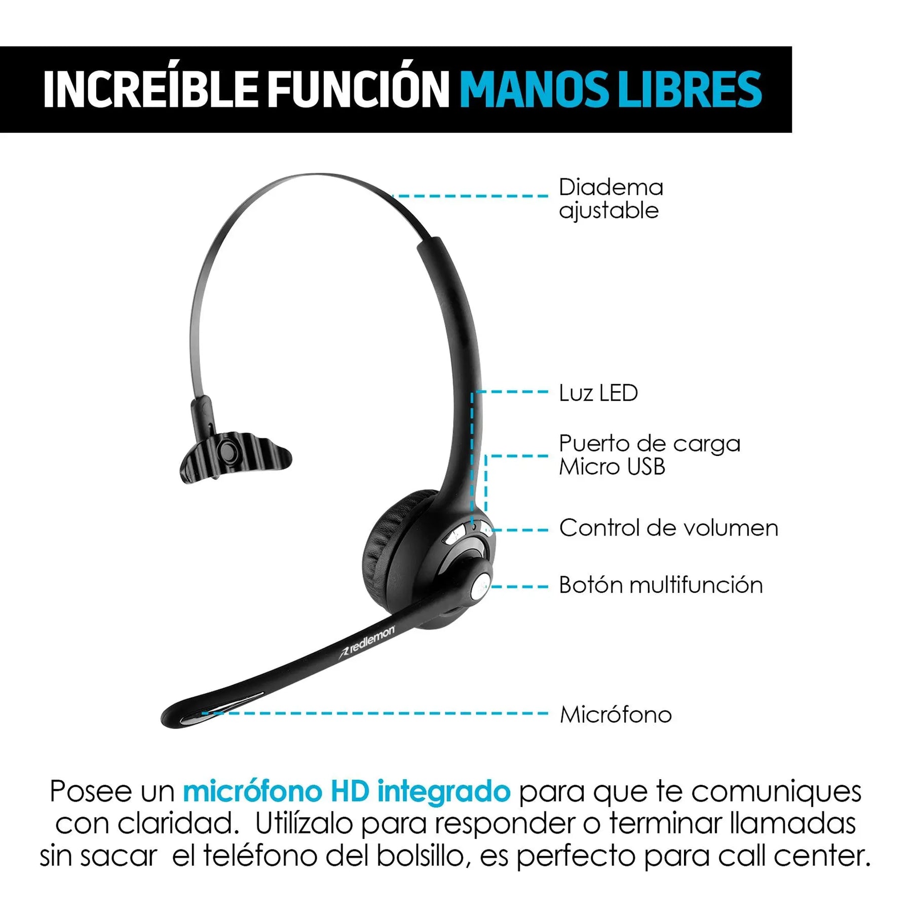 Audífono Bluetooth de Diadema con Micrófono Inalámbrico tipo Call Center para PC, Laptop, Mac, Windows, Android e IOS (iPhone) - Redlemon