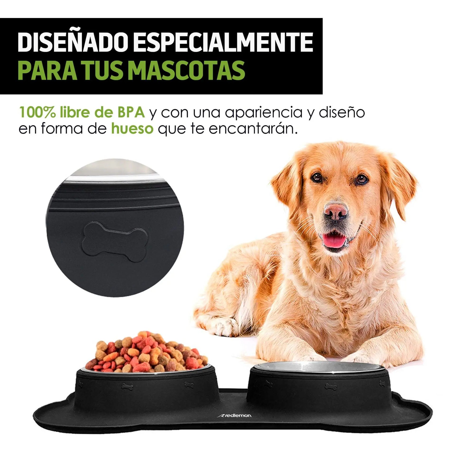 Plato para Perro Con 2 Tazones y Tapete de Silicón - Redlemon