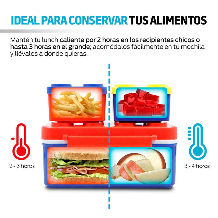 Lonchera para Niños con 3 Contenedores Apilables en Forma de Ladrillos de Construcción - Redlemon