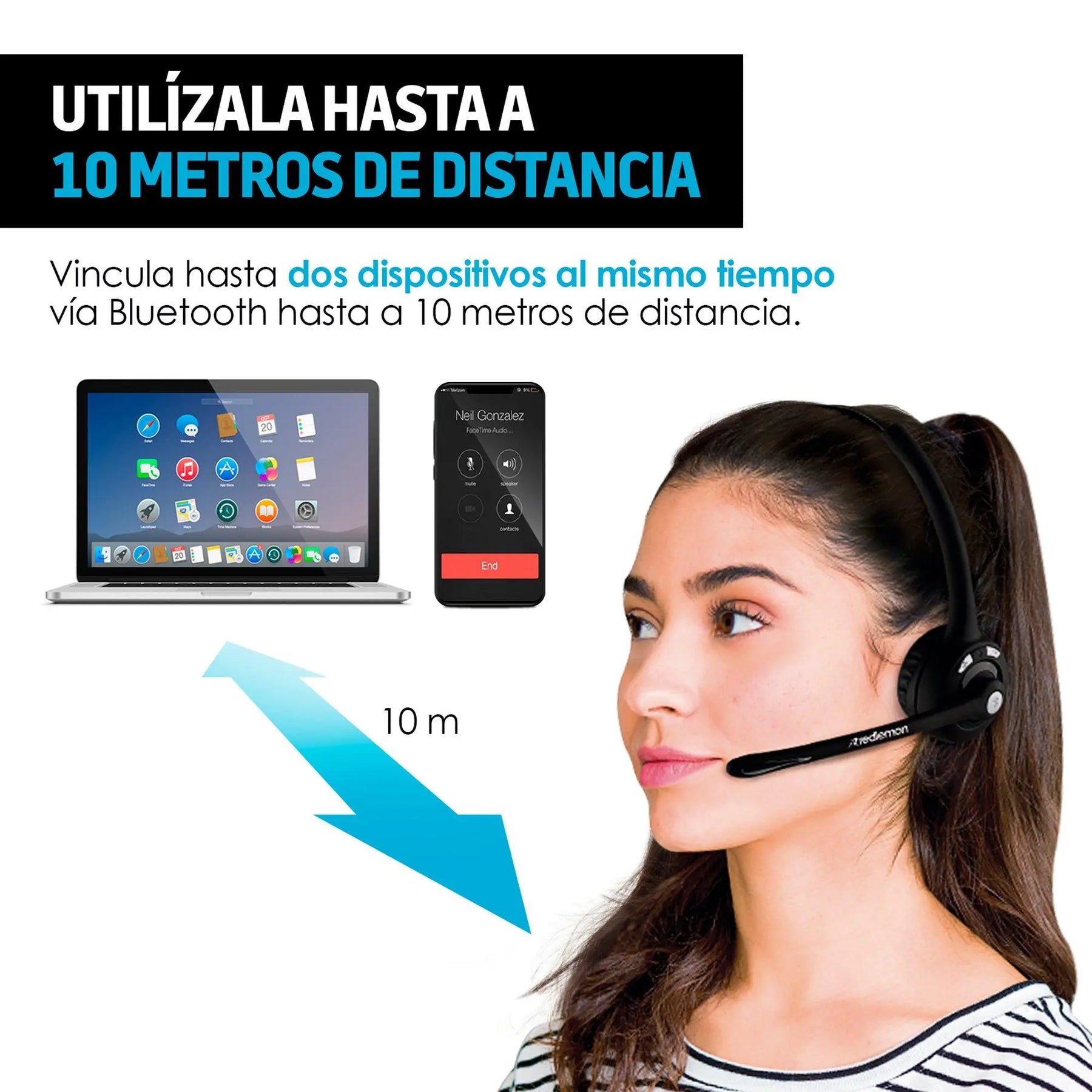 Audífono Bluetooth de Diadema con Micrófono Inalámbrico tipo Call Center para PC, Laptop, Mac, Windows, Android e IOS (iPhone) - Redlemon