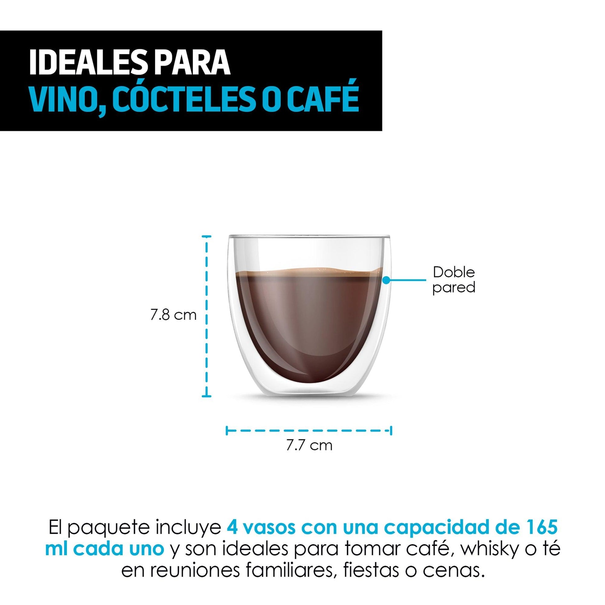 Vasos de Vidrio con Doble Pared para Café o Vino (4 Piezas) - Redlemon