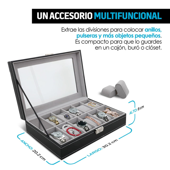 Caja para Relojes y Joyas Organizador con 12 Espacios y Candado - Redlemon