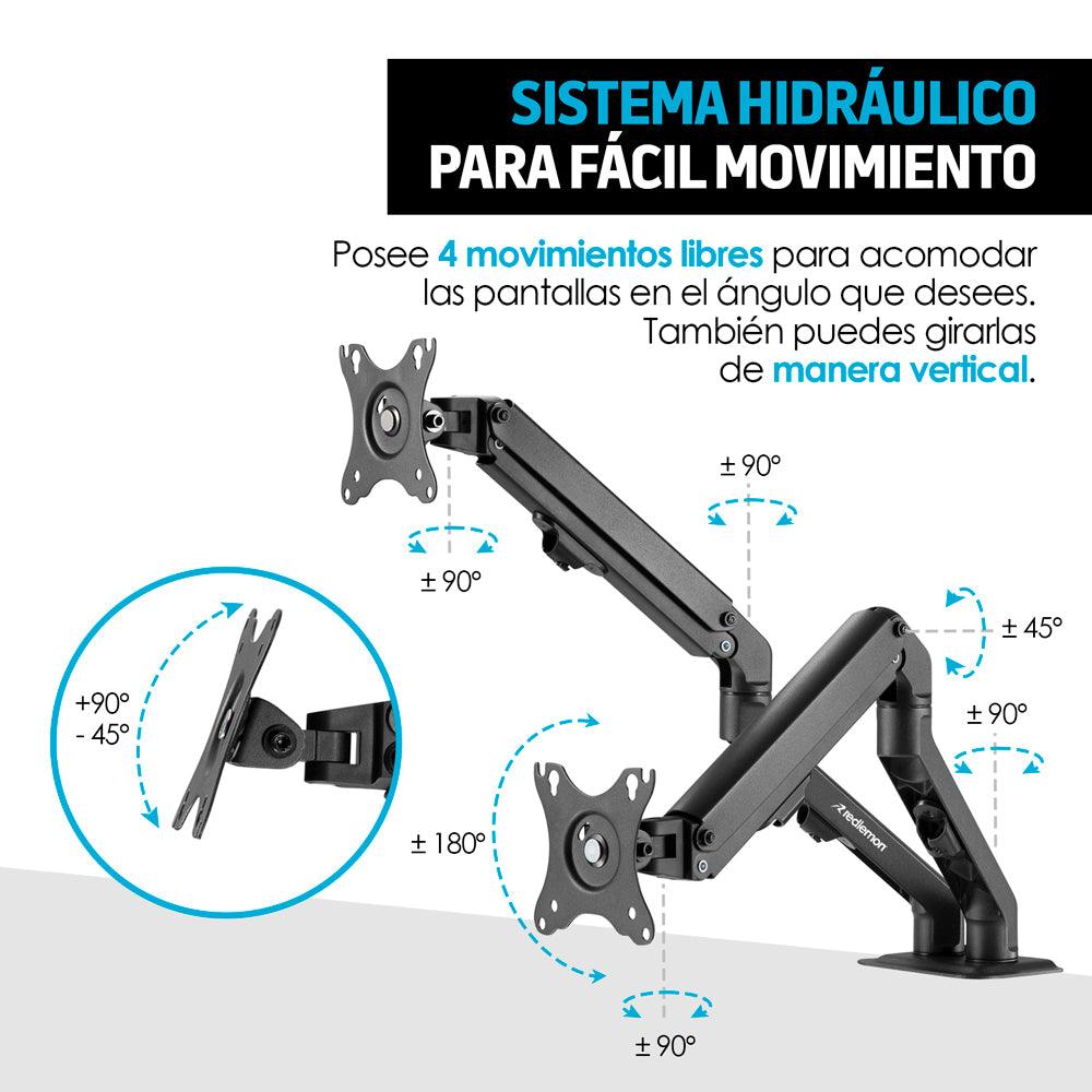 Soporte Hidráulico para 2 Monitores de Hasta 27” Ajustable - Redlemon