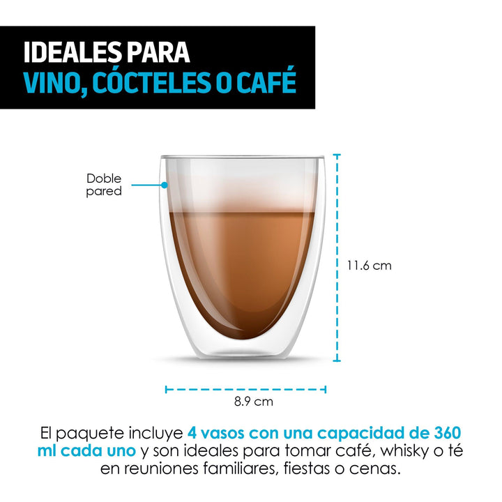 Vasos de Vidrio con Doble Pared para Café o Vino (4 Piezas) - Redlemon