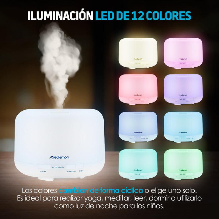 Humidificador y Difusor de Aceites Esenciales Luz LED 12 Colores (500ml) - Redlemon