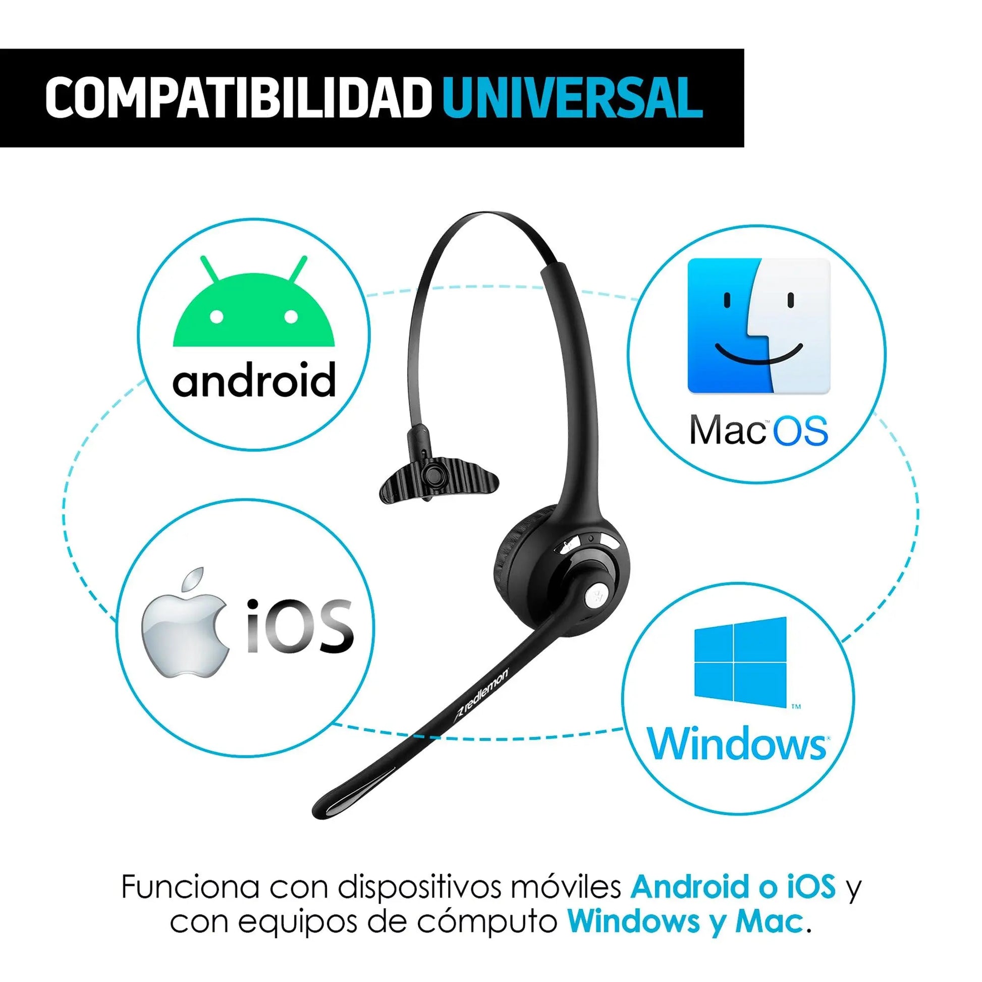 Audífono Bluetooth de Diadema con Micrófono Inalámbrico tipo Call Center para PC, Laptop, Mac, Windows, Android e IOS (iPhone) - Redlemon