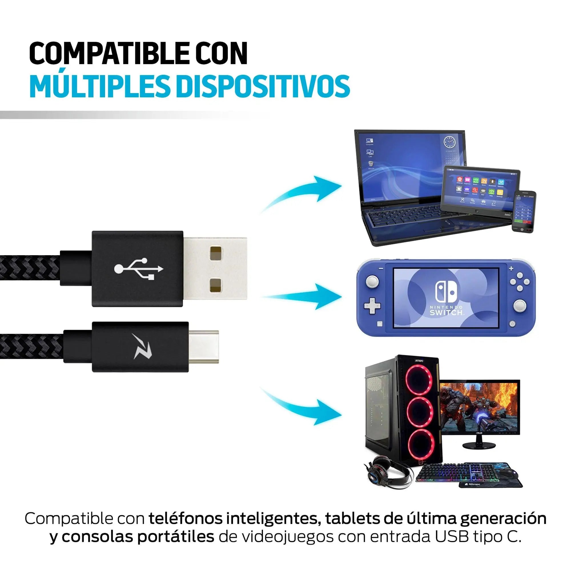 Cable USB Tipo C De 3 Metros De Nylon Resistente Largo Redlemon Cable USB Tipo C De 3 Metros De Nylon Resistente Largo Redlemon
