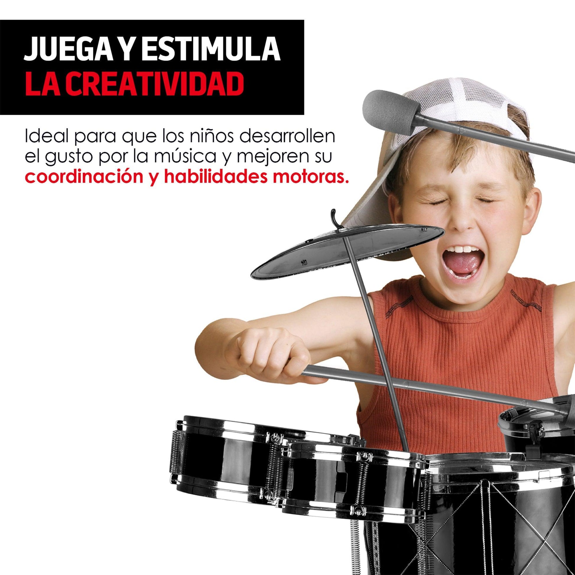 Batería para niños Musical de Juguete con Banco, Baquetas, Platillo y Bombo - Redlemon