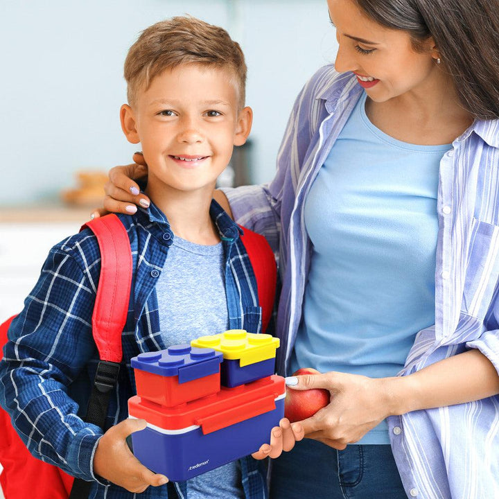Lonchera para Niños con 3 Contenedores Apilables en Forma de Ladrillos de Construcción - Redlemon